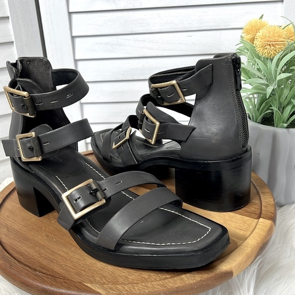 RAG & BONE l Metal Gray Strappy Heel Fallon Leather Sandal Brass Buckle 9.5 - Picture 4 of 14
